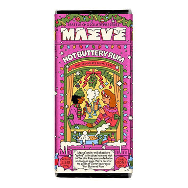 Maeve Hot Buttery Rum chocolate bar packaging with colorful illustration on a pink background