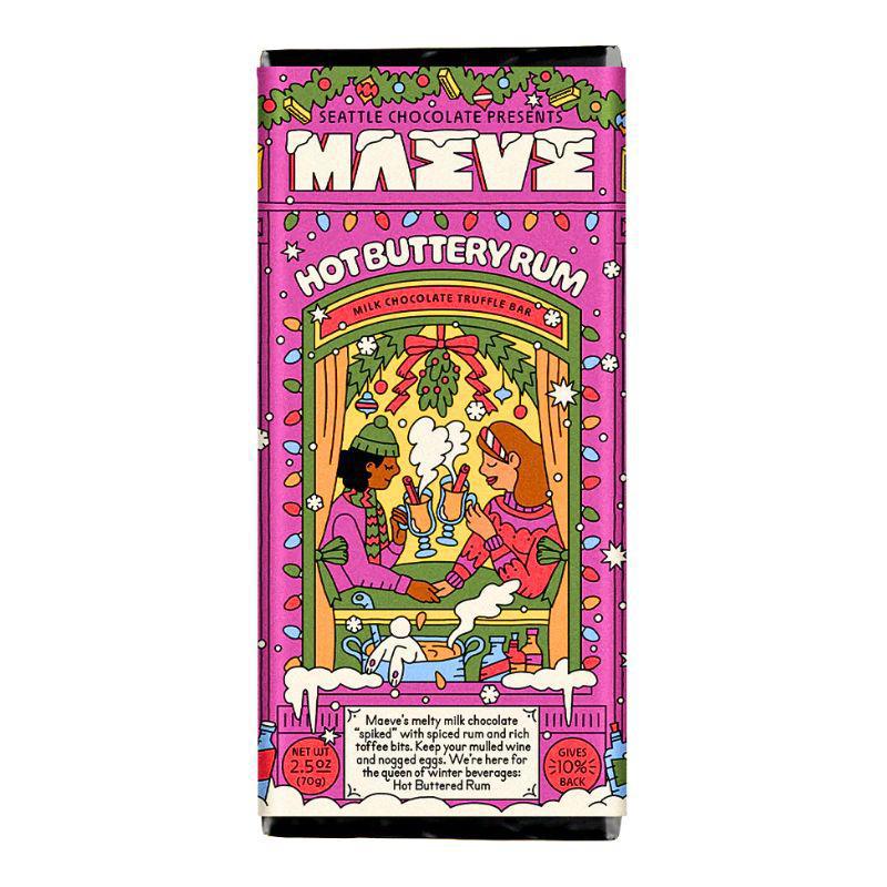Maeve Hot Buttery Rum chocolate bar packaging with colorful illustration on a pink background