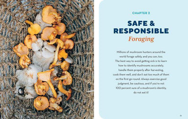 Book page about safe and responsible foraging with mushrooms on a textured surface