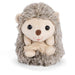 Plush toy hedgehog with a white face and brown nose on a white background