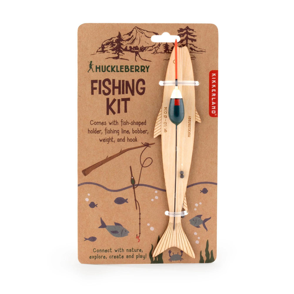Huckleberry fishing kit packaging with wooden fish-shaped holder on a white background