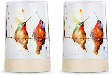 Two ceramic salt and pepper shakers with watercolor designs of birds on a white background.