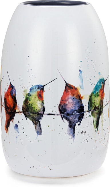 Ceramic vase with colorful bird design on a white background