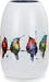 Ceramic vase with colorful bird design on a white background