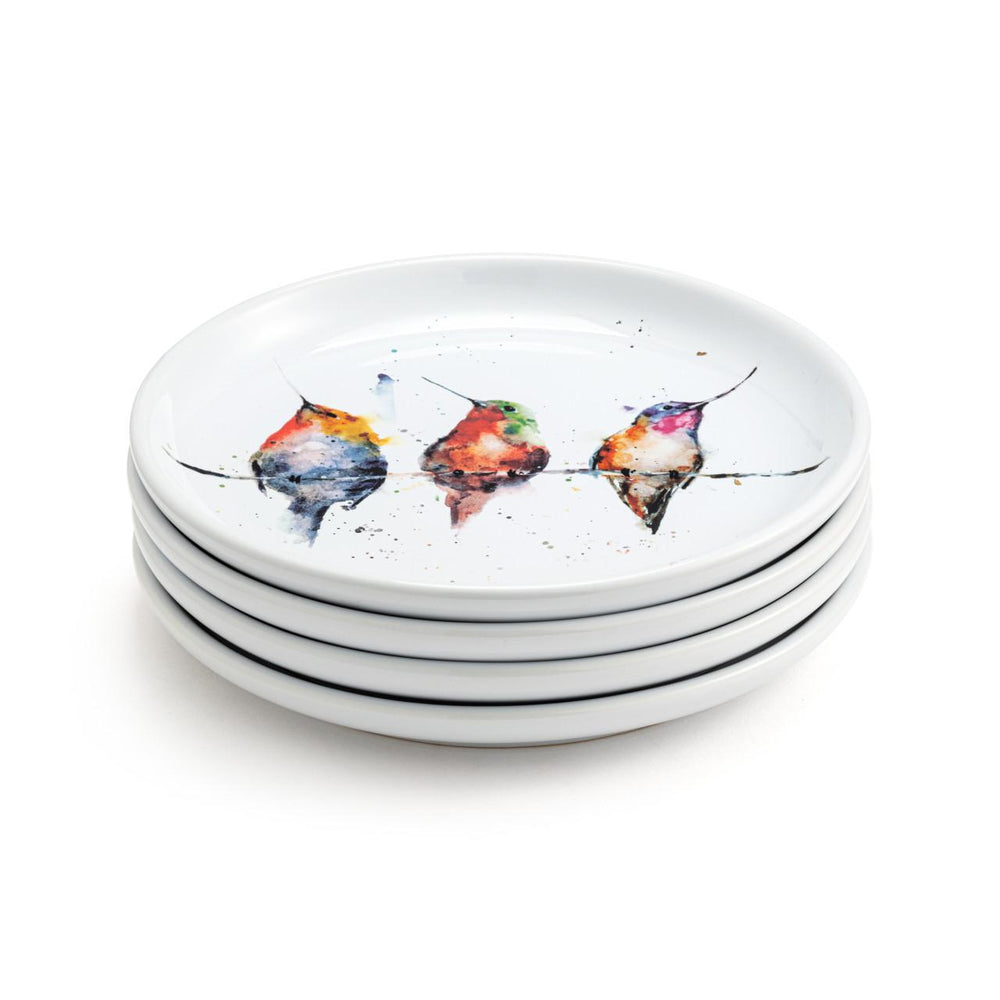 Set of four ceramic coasters with colorful bird design on a white background
