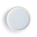 Round ceramic plate with a white interior and rim on a white background