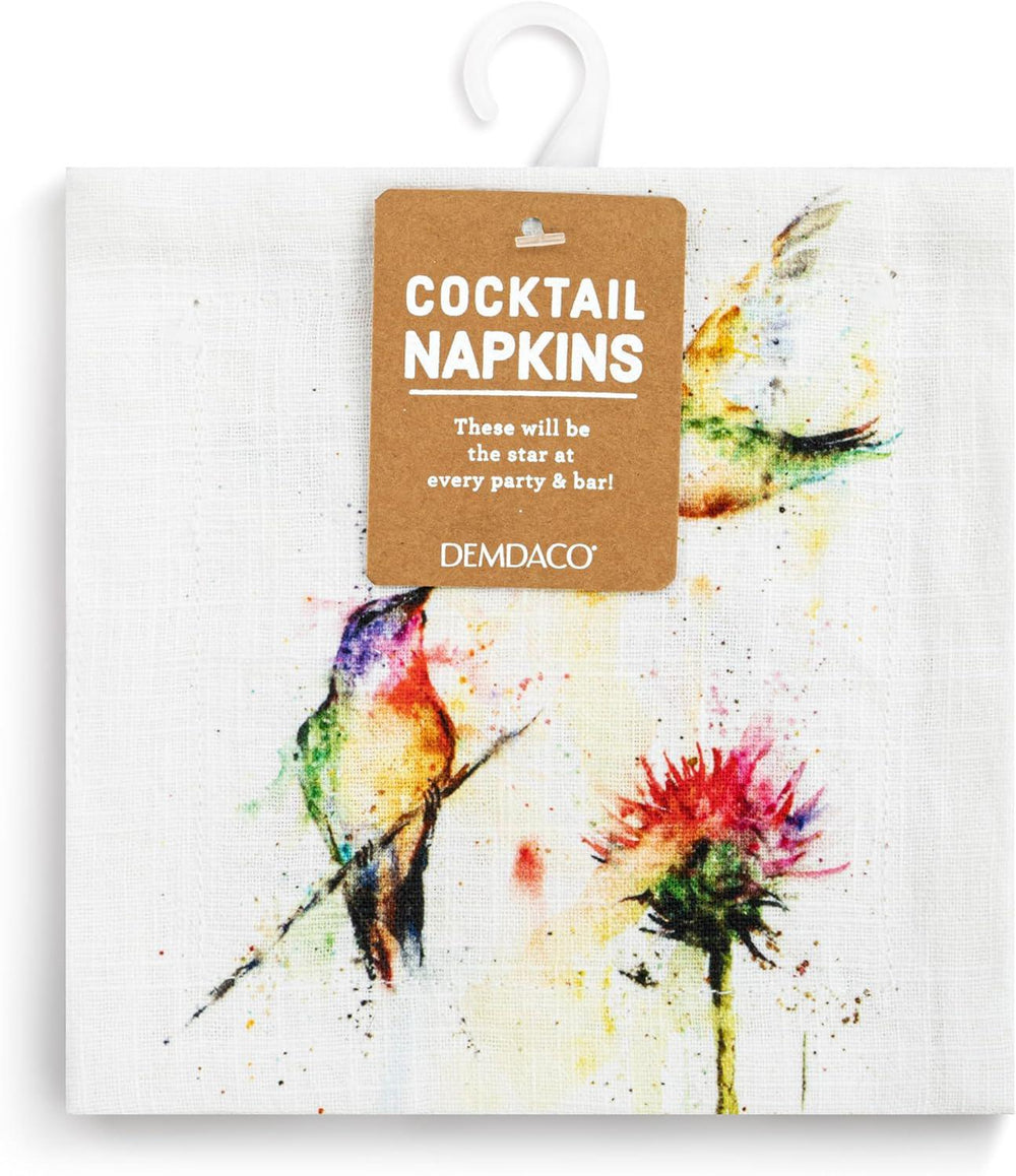 Cocktail napkins with watercolor design of a bird and flower, brand 'Demdaco' visible.