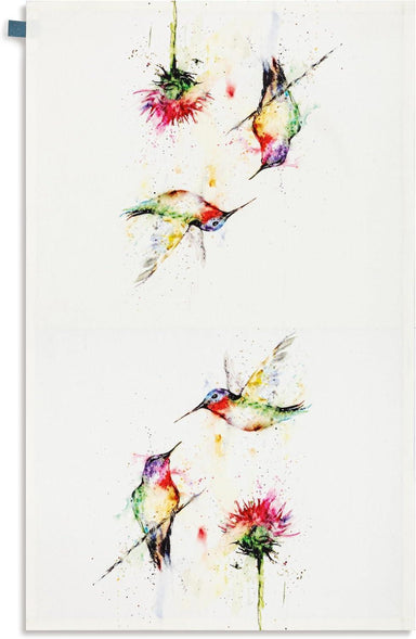 Colorful watercolor painting of hummingbirds and flowers on a white background