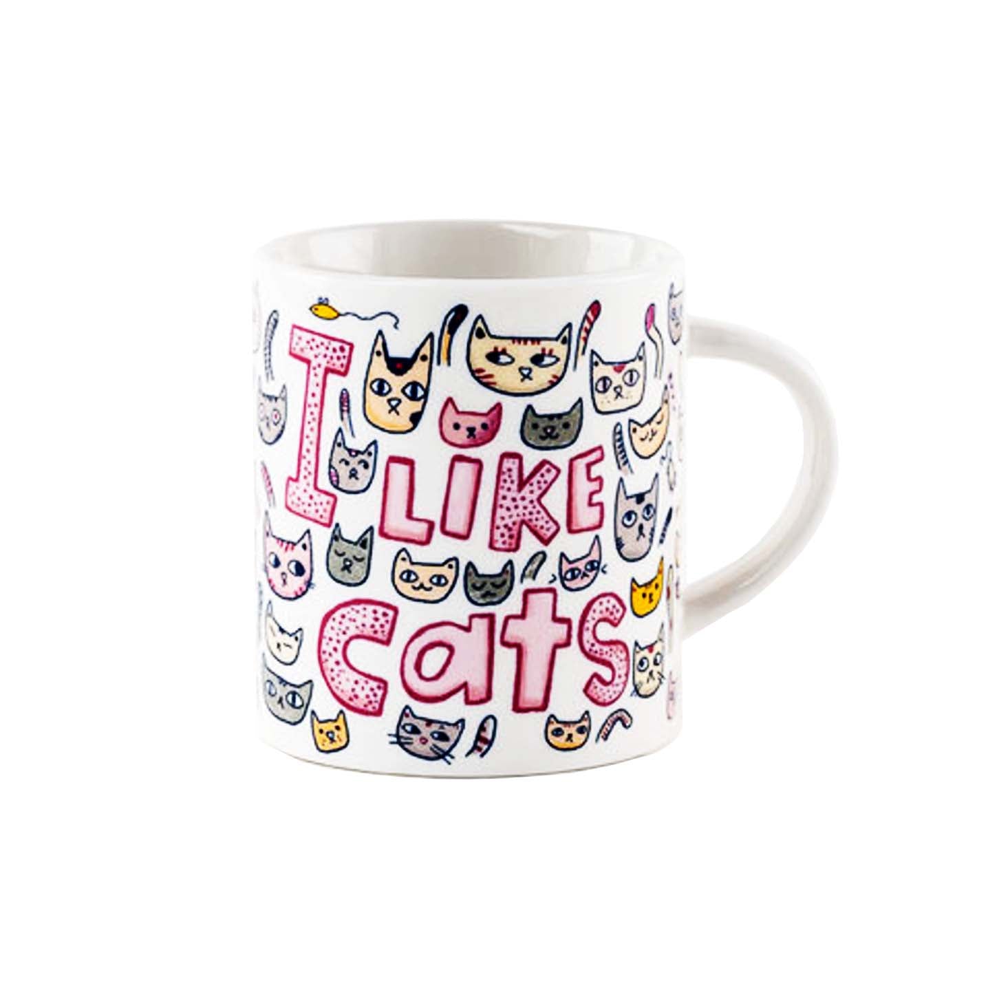 White ceramic mug illustrated with adorable cat faces and the caption "I Like Cats".