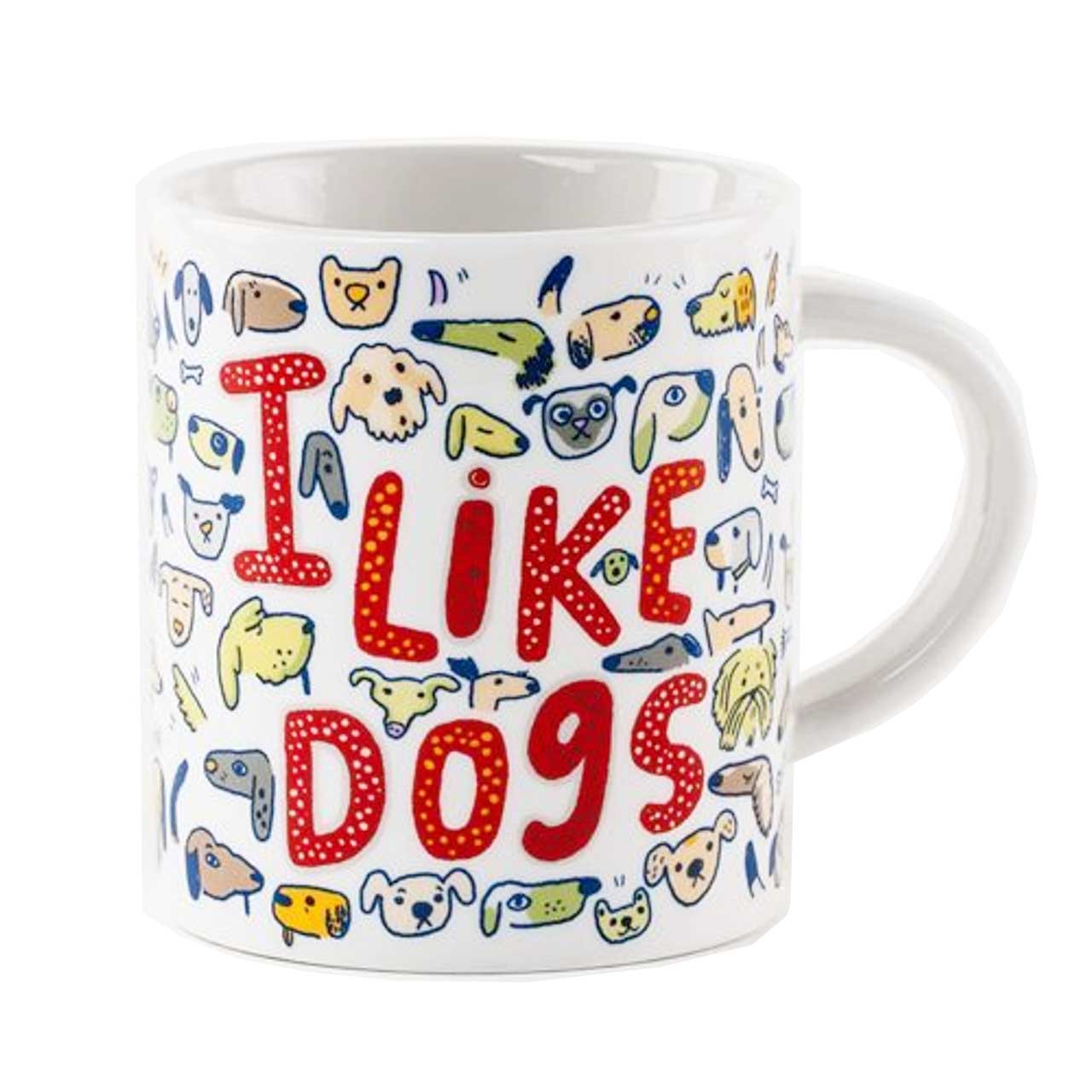 White ceramic Mug showing illustrations of cute dogs and the caption "I Like Dogs" in red.