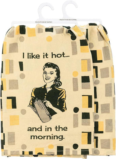 Towel with retro design of a woman holding a thermos and text 'I like it hot... and in the morning.'