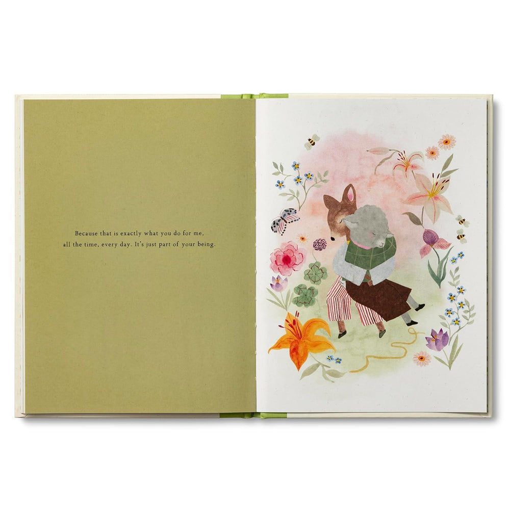 Open book with a colorful illustration of a girl and dog surrounded by flowers on a white background.
