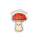 A die-cut sticker featuring a cute cartoon red mushroom with white spots, a beige stem, and the text 'i'm a fun-gi' in orange above it, shown on a plain white background.