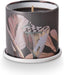 Candle in a decorative container with floral design on a white background