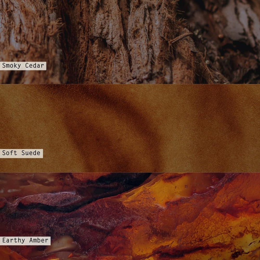 Color swatches labeled 'Smoky Cedar', 'Soft Suede', and 'Earthy Amber' with corresponding texture samples.