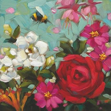 Colorful painting of flowers with a bee and butterfly.