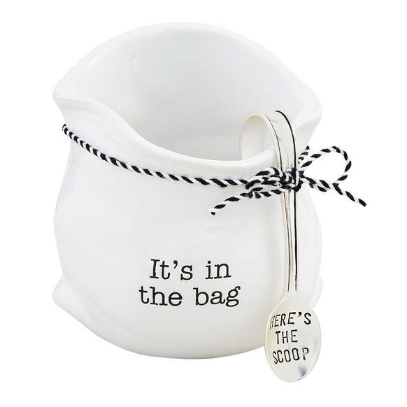 It's in the bag ceramic candy container shaped like a bag with scoop and sentiment