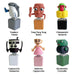 Set of six colorful bobblehead figurines with labels on a white background