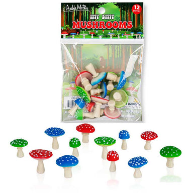 colorful Itty bitty mushrooms bag of 12 that also shows the mushrooms plastic figurines on display