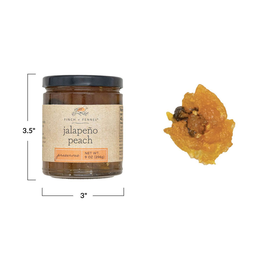 Jar of jalapeño peach spread with dimensions and a sample on a white background