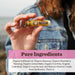 Hand holding a product with a label, wearing a denim jacket, and text about pure ingredients.