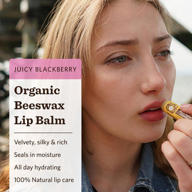Woman applying organic beeswax lip balm with product packaging overlay