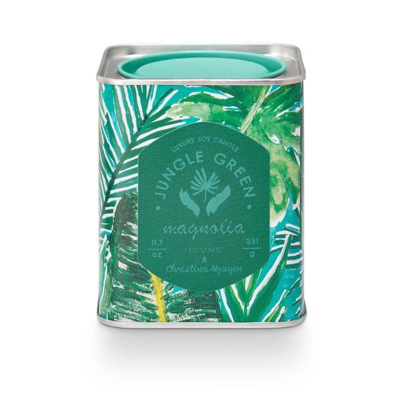 Candle tin with jungle green design and 'Jungle Green Magnolia' label on a white background
