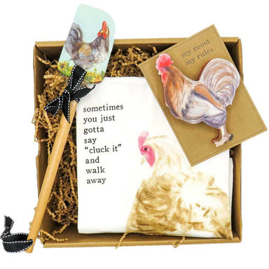 "Just Say Cluck It" Treasure Gift Box  containing a Kitchen towel, Spatula and Dish Sponge all rooster and chicken themed.
