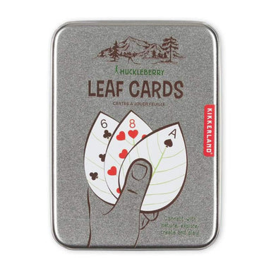 Kickerland Huckleberry Leaf Cards packaging with illustration of cards and hand on gray background