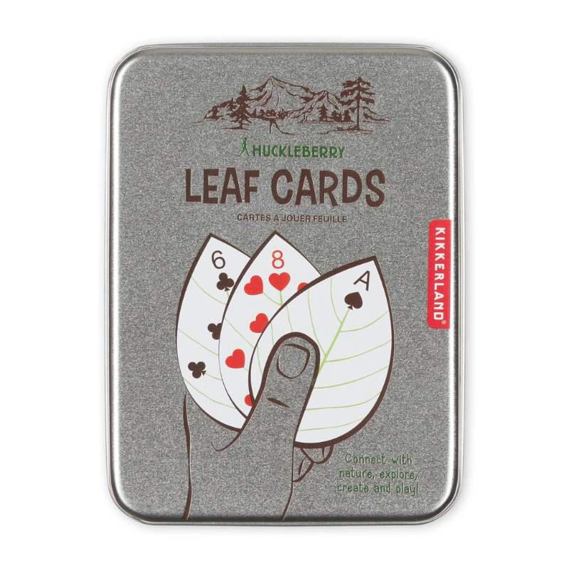 Kickerland Huckleberry Leaf Cards packaging with illustration of cards and hand on gray background