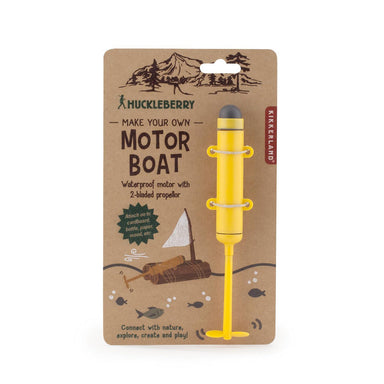 Yellow motor boat with packaging featuring Huckleberry branding on a white background