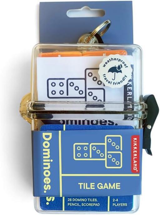 Kikkerland dominoes tile game packaging with clear case on a white background