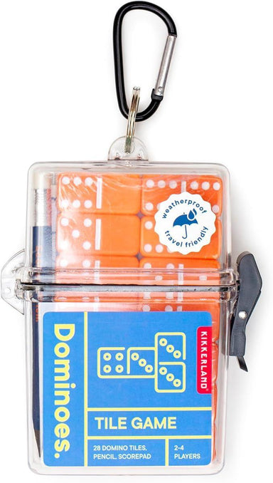 Dominoes tile game set in a clear carrying case with a carabiner on a white background