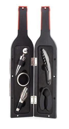 Wine bottle-shaped set with corkscrew, stopper, and other tools on a white background