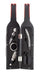 Wine bottle-shaped set with corkscrew, stopper, and other tools on a white background
