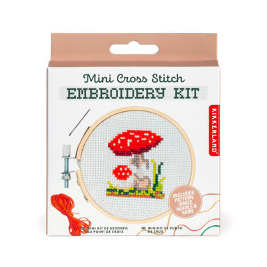 Kikkerland mini cross stitch embroidery kit packaging with mushroom design