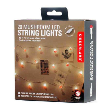 Kikkerland mushroom LED string lights packaging on a white background