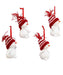 Four small snowman figurines wearing red and white striped hats on a white background