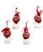 Set of four small snowman figurines with red and white striped hats on a white background