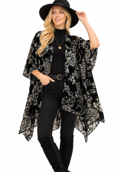 LA Soul Floral Print Velvet Kimono | Black Vintage Floral