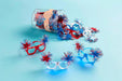 Colorful novelty glasses with starburst designs on a blue background