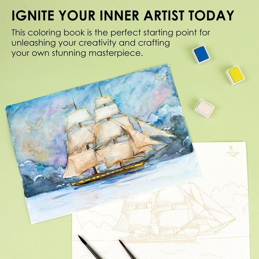 Coloring book with ship illustration on a green background with paint swatches.