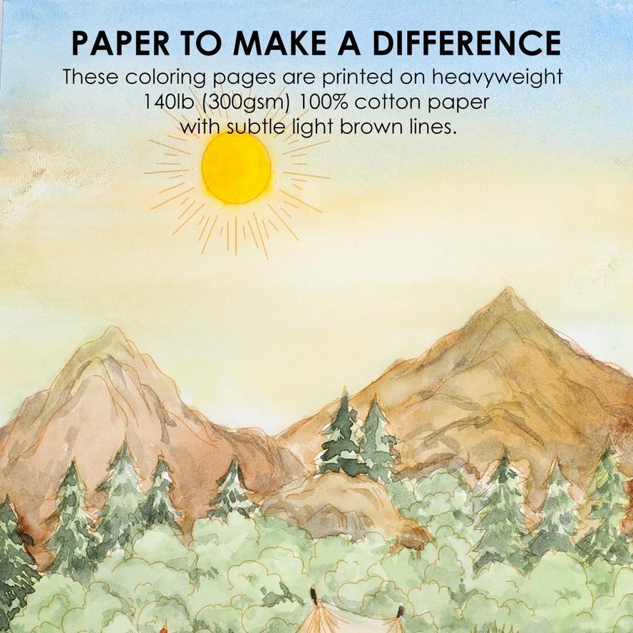 Mountain landscape with a tent and sun, promoting heavyweight cotton paper for coloring pages.