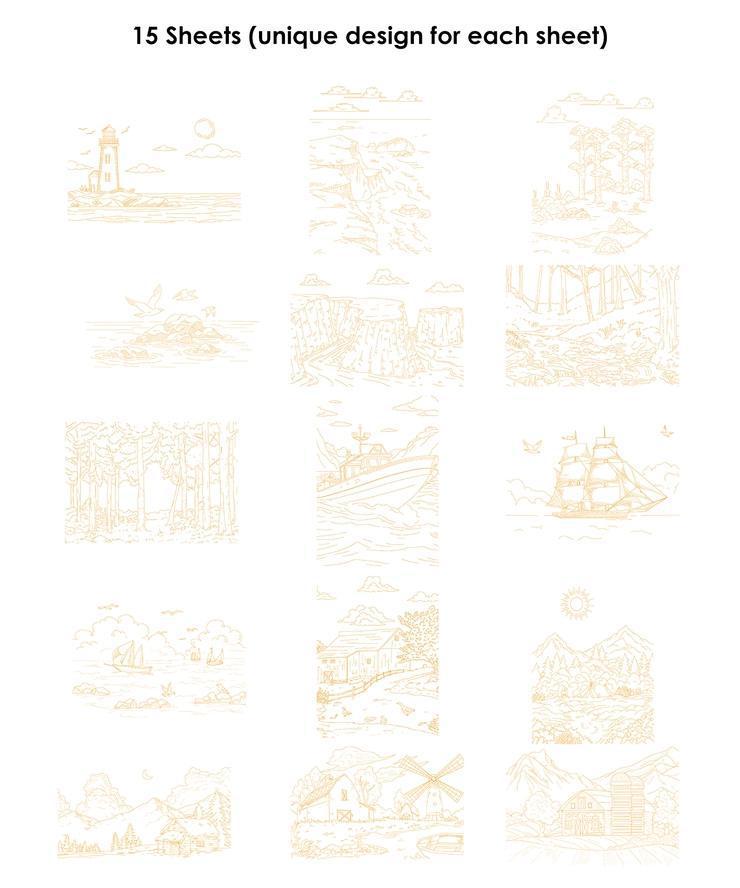 15 sheets with unique designs on a white background