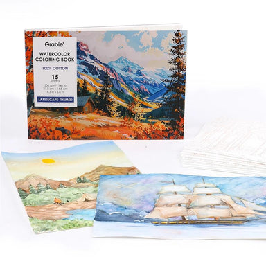 Grable watercolor coloring book with landscape-themed pages on a white background