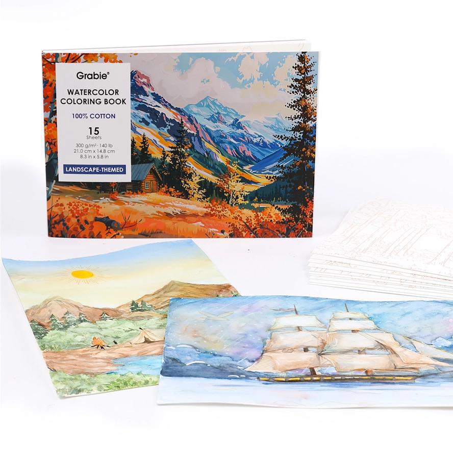 Grable watercolor coloring book with landscape-themed pages on a white background