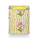 Decorative canister with floral design and yellow lid on a white background