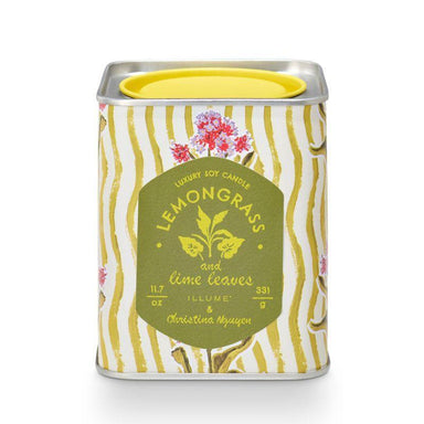 Candle tin with lemongrass and lime leaves fragrance on a white background