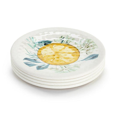 Set of melamine plates with lemon and leaf design on a white background