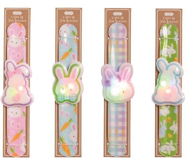 Four light-up slap bracelets with bunny designs on their packaging.